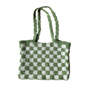Green and White Checkered Crochet Bag